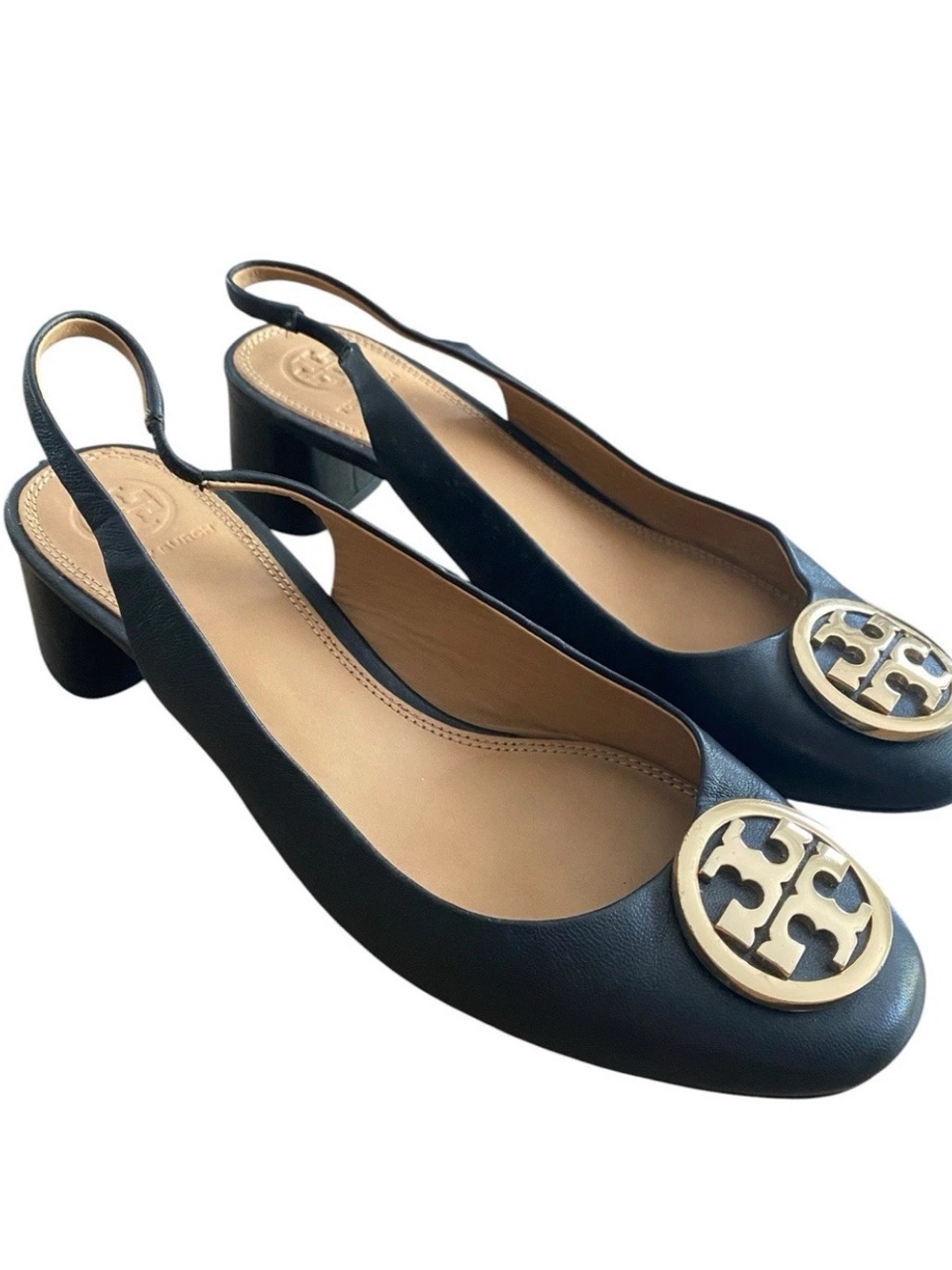 Tory Burch Black Leather Slingback Benton Block Heel Pumps 7.5